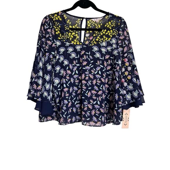 Nanette Lepore Top Womens XS Dark Navy Spring Bloom Floral 3/4 Bell Sleeve NWT - Picture 1 of 10